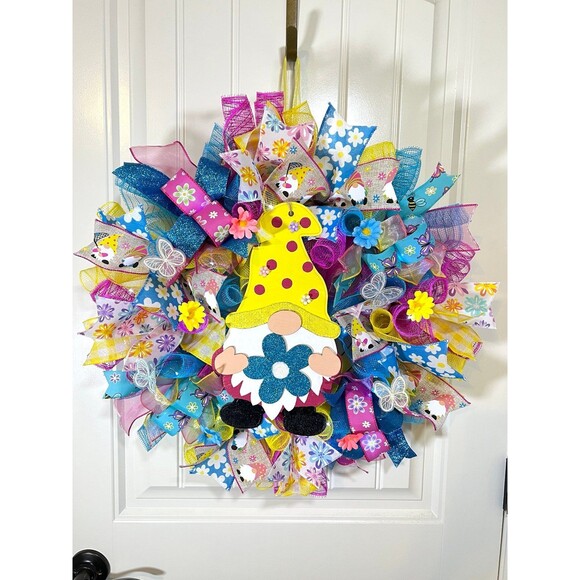 Handmade Spring/ Summer Daisy Butterfly Gnome Prelit Ribbon Wreath 22 in LED W2 - Picture 10 of 10